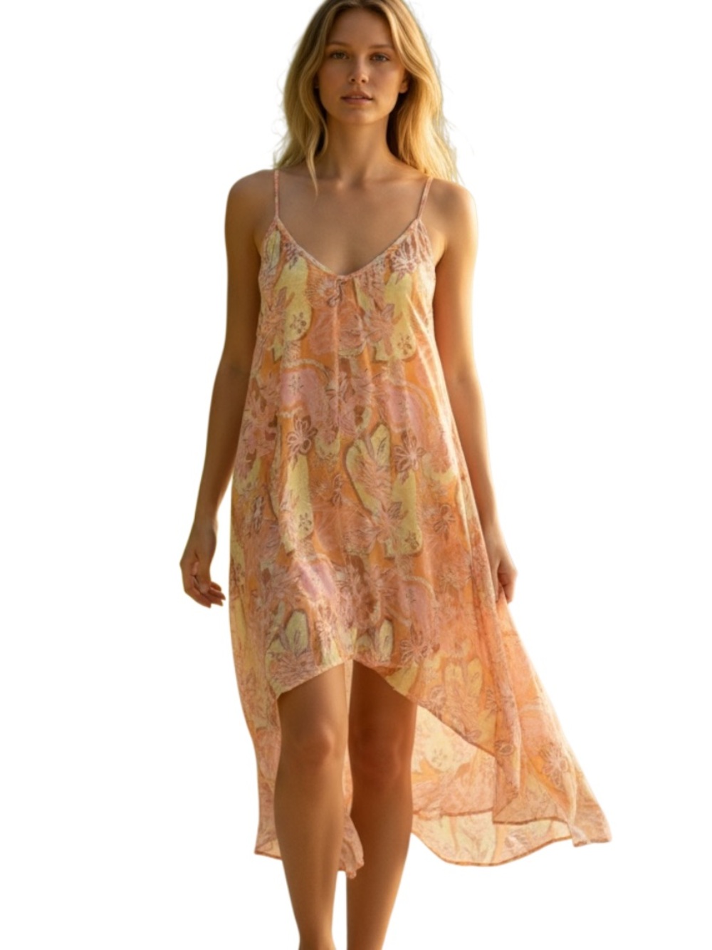 Roxy Floral Slip Dress in Peach, Pink, Yellow